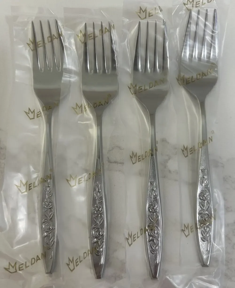 NEW Eldan ELD18 Set Of 4 Salad Forks MAY ROSE Textured Roses Stainless Vtg MCM